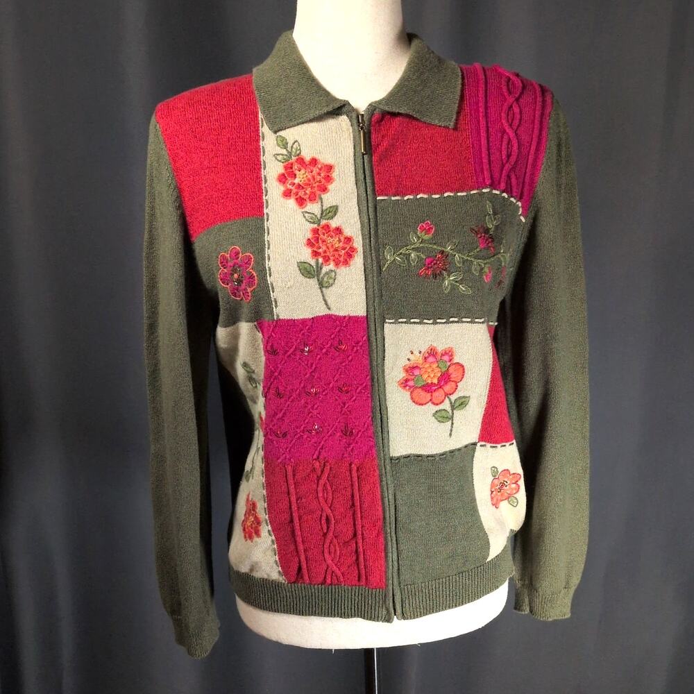 VTG Alfred Dunner Floral Embroidered Zip Sweater Patchwork Green Red Petite XL